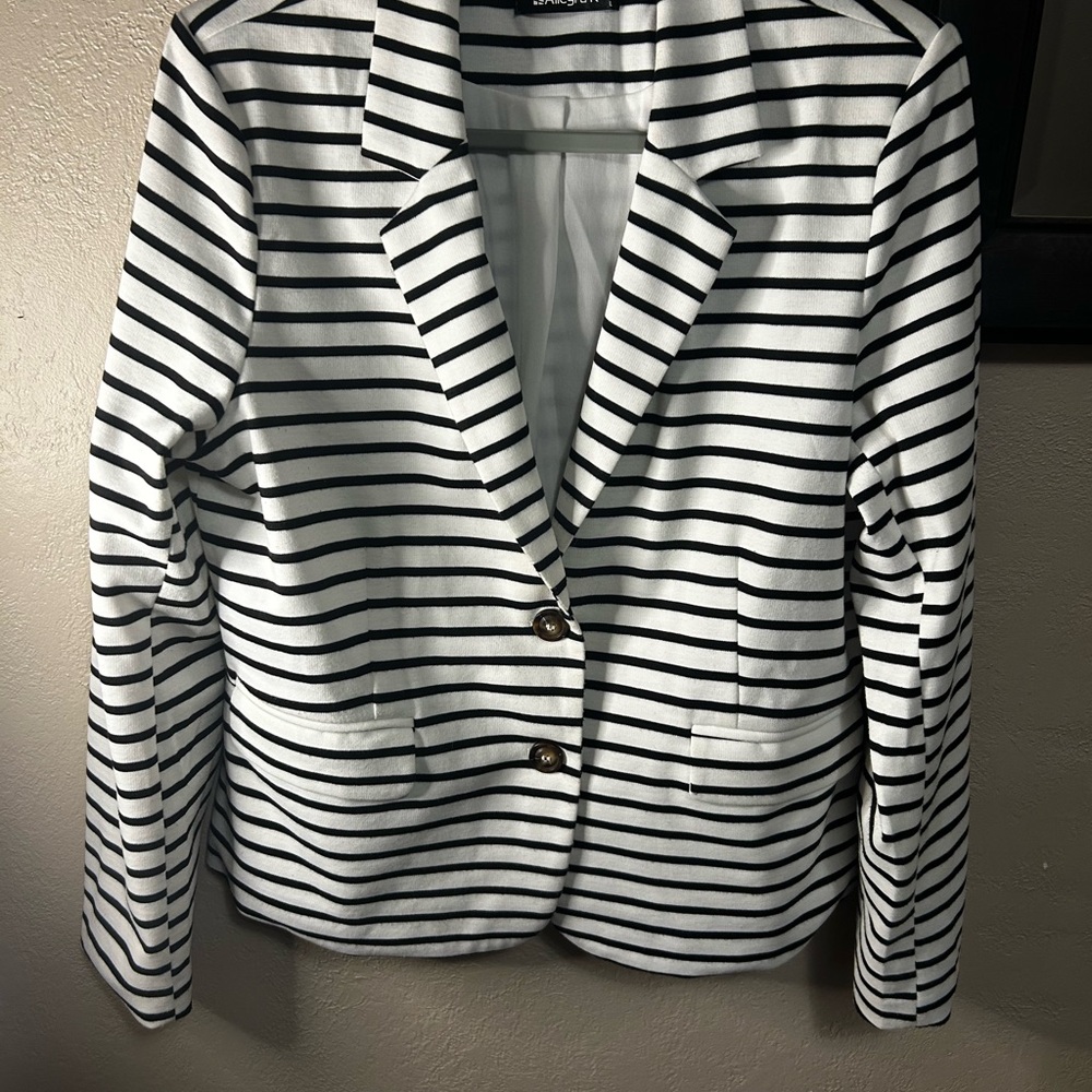 Allegra K Women's Notched Lapel Pocket Button Closure Striped Blazer
